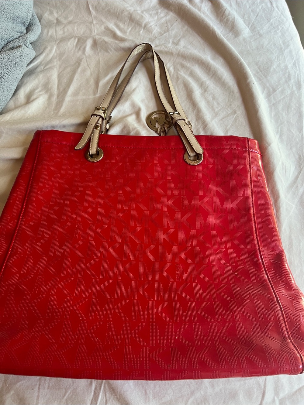 Michael Kors Red Tote with Beige Straps and MK Charm - Picture 4 of 5